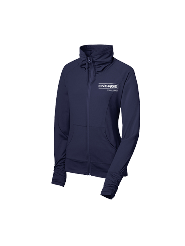 Navy blue women's full-zip jacket by EngagePickleball with "ENGAGE PICKLEBALL" logo, high ruched collar, and ruched cuffs.