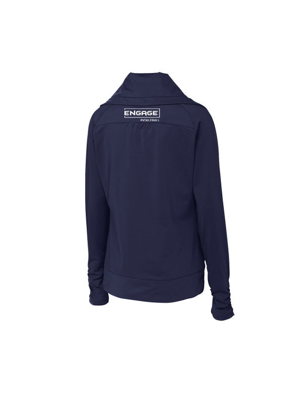 Navy blue Women's Valor Full-Zip Jacket by EngagePickleball, back view, featuring a white 'ENGAGE PICKLEBALL' logo.