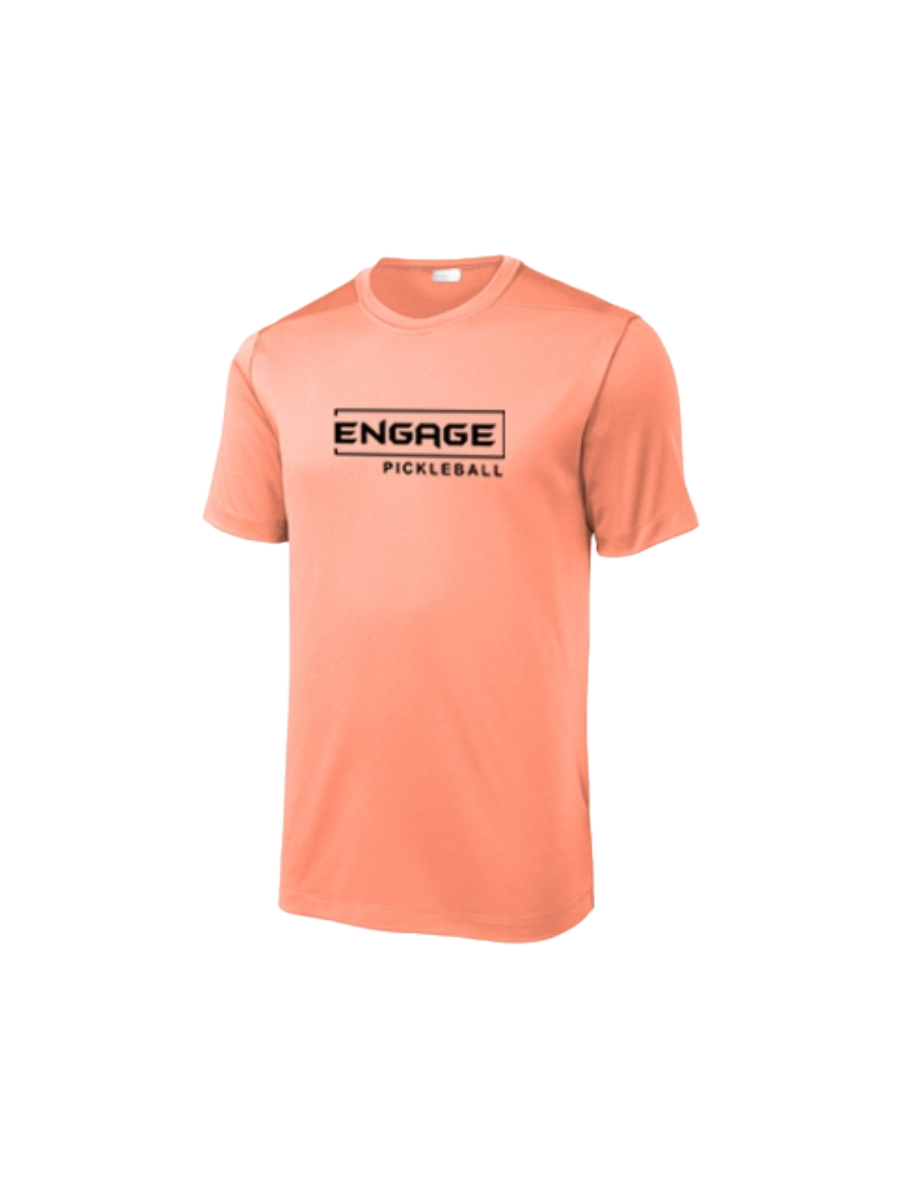 Men's peach crewneck performance t-shirt by EngagePickleball, featuring an "ENGAGE PICKLEBALL" logo on the chest.