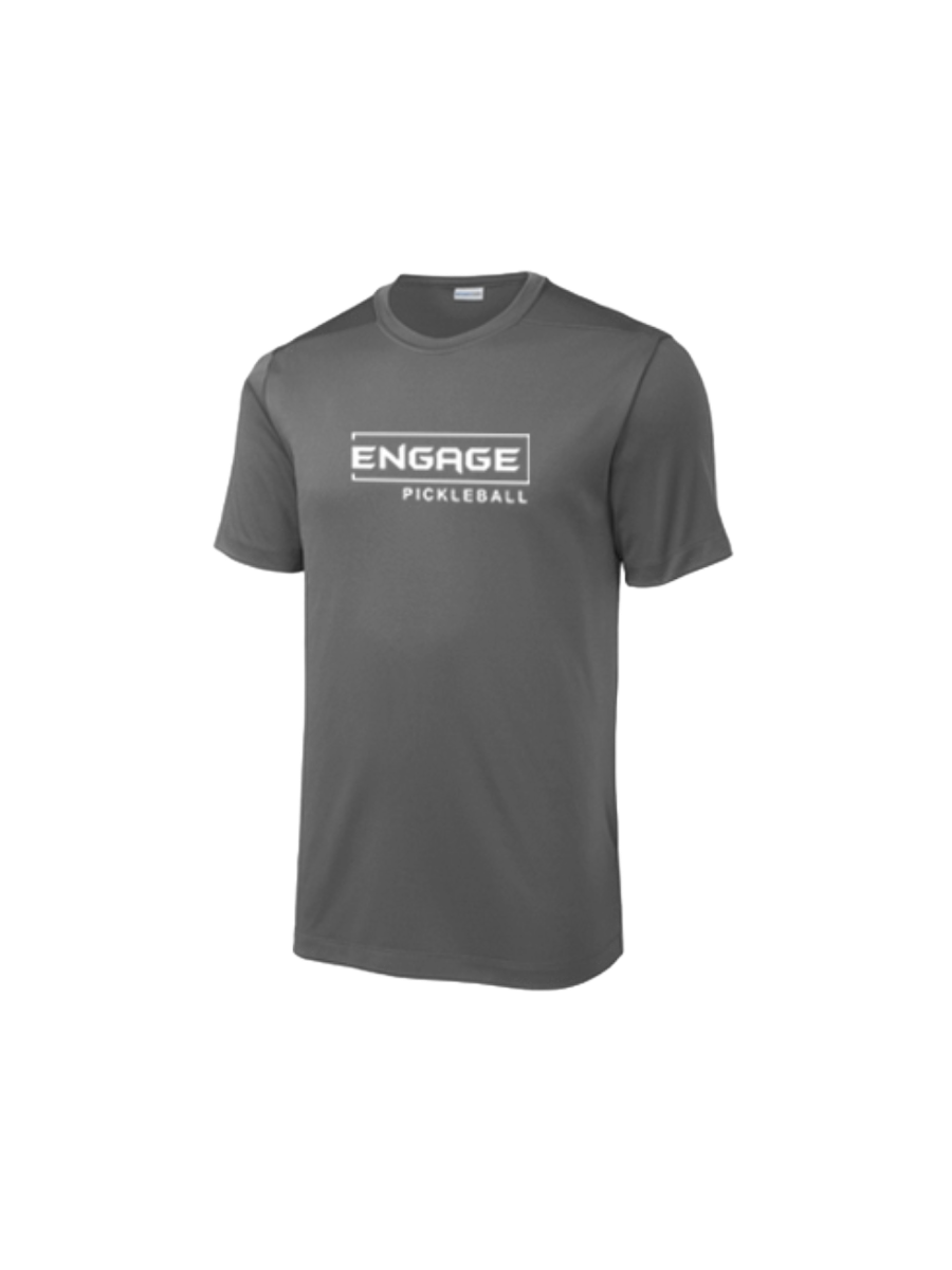 Men's gray short-sleeve performance crew shirt by EngagePickleball, featuring a white 'ENGAGE PICKLEBALL' logo on the chest.