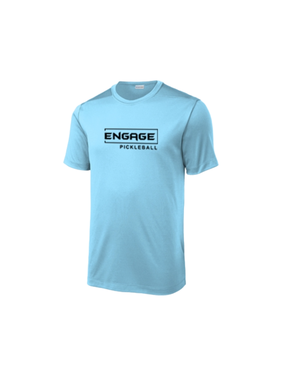 Light blue men's crew neck shirt by EngagePickleball with a black "ENGAGE PICKLEBALL" logo on the chest.