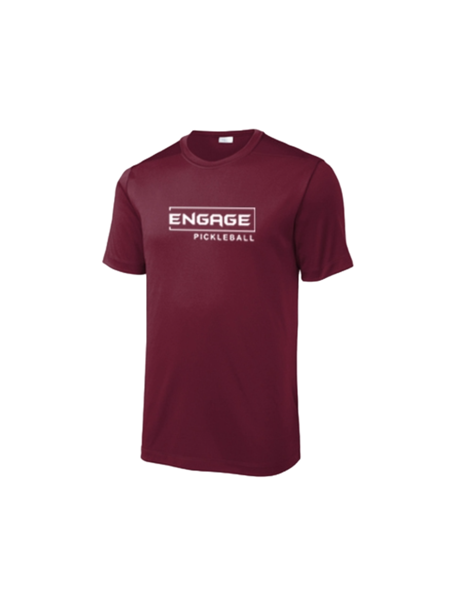 Men's maroon performance crew neck shirt by EngagePickleball with a white 'ENGAGE PICKLEBALL' logo on the chest.