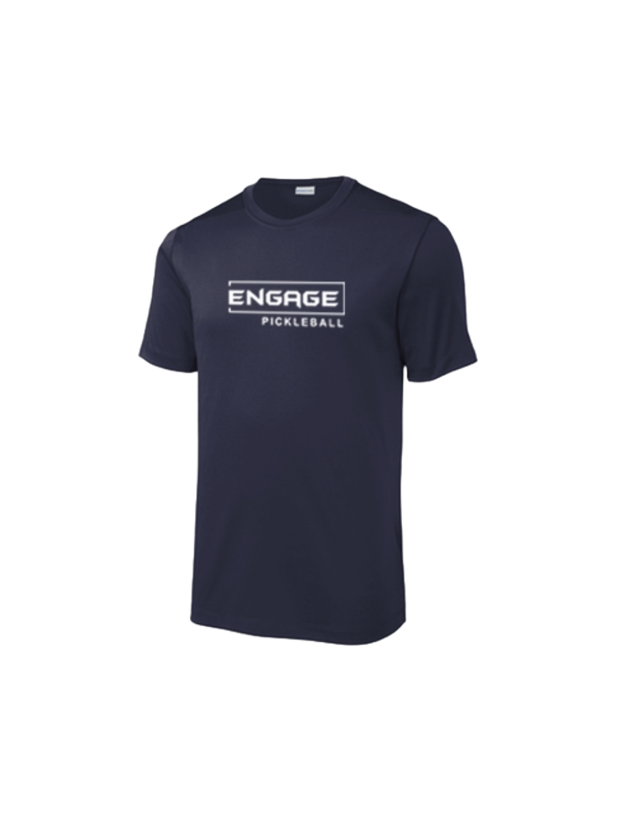 Men's dark blue performance crew neck shirt by EngagePickleball with a white "ENGAGE PICKLEBALL" logo on the chest.