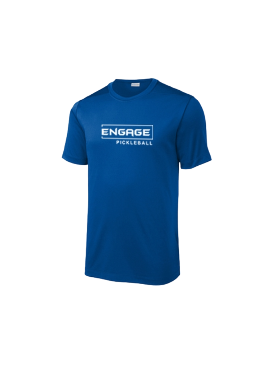 Men's blue performance crew shirt by EngagePickleball, featuring a white "ENGAGE PICKLEBALL" logo on the chest.