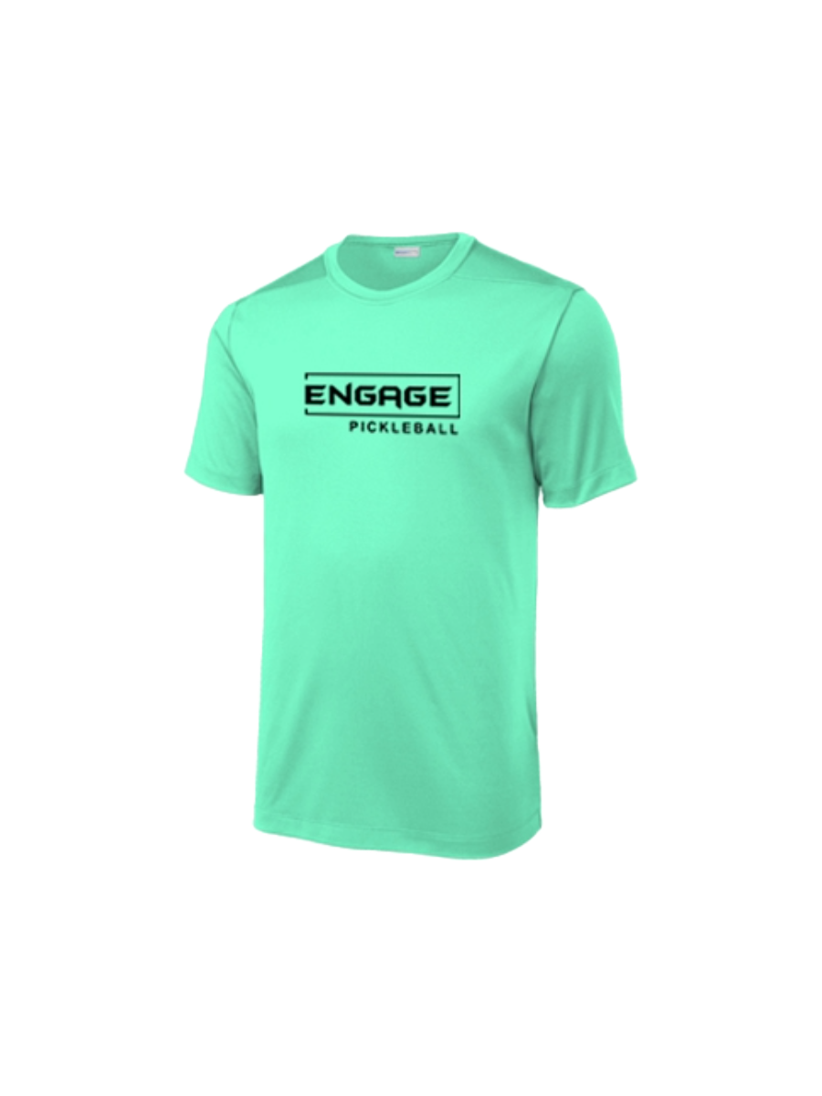Light teal men's crew neck performance t-shirt by EngagePickleball with a black 'ENGAGE PICKLEBALL' logo on the chest.