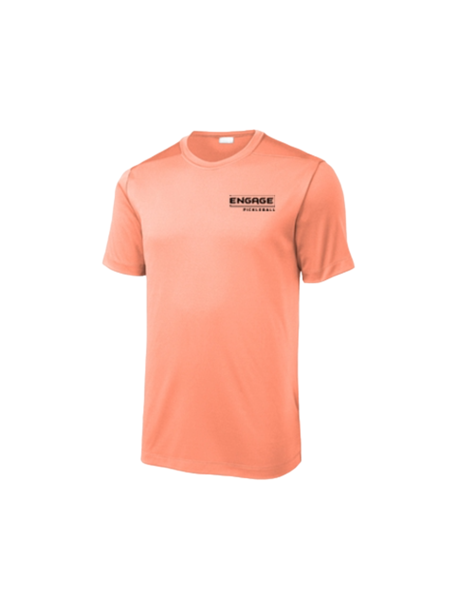 Men's peach performance crew neck t-shirt by EngagePickleball with a black logo on the left chest.