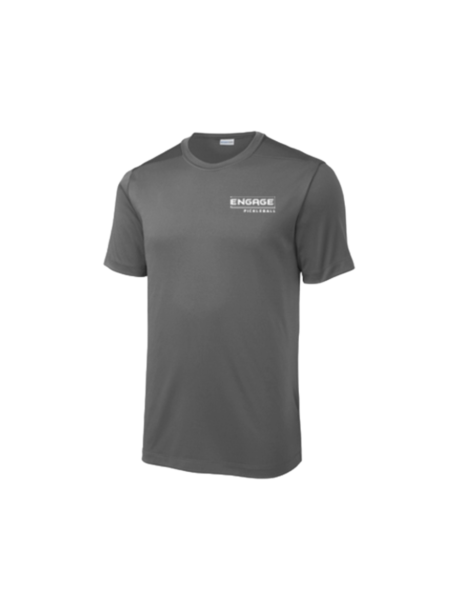 Dark gray men's performance crew neck t-shirt by EngagePickleball with a white "ENGAGE PICKLEBALL" logo on the left chest.