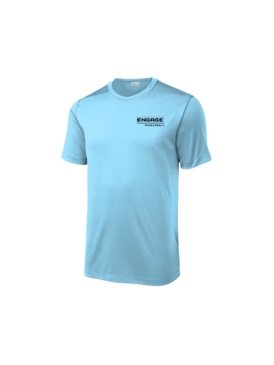 Light blue men's crew neck performance shirt by EngagePickleball with "ENGAGE PICKLEBALL" text logo on the left chest.