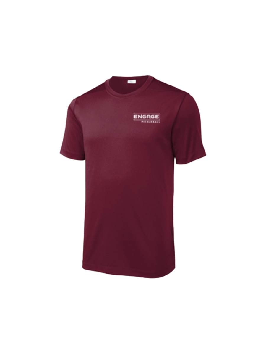 Maroon men's performance crew shirt from EngagePickleball with a white "ENGAGE PICKLEBALL" logo on the left chest.