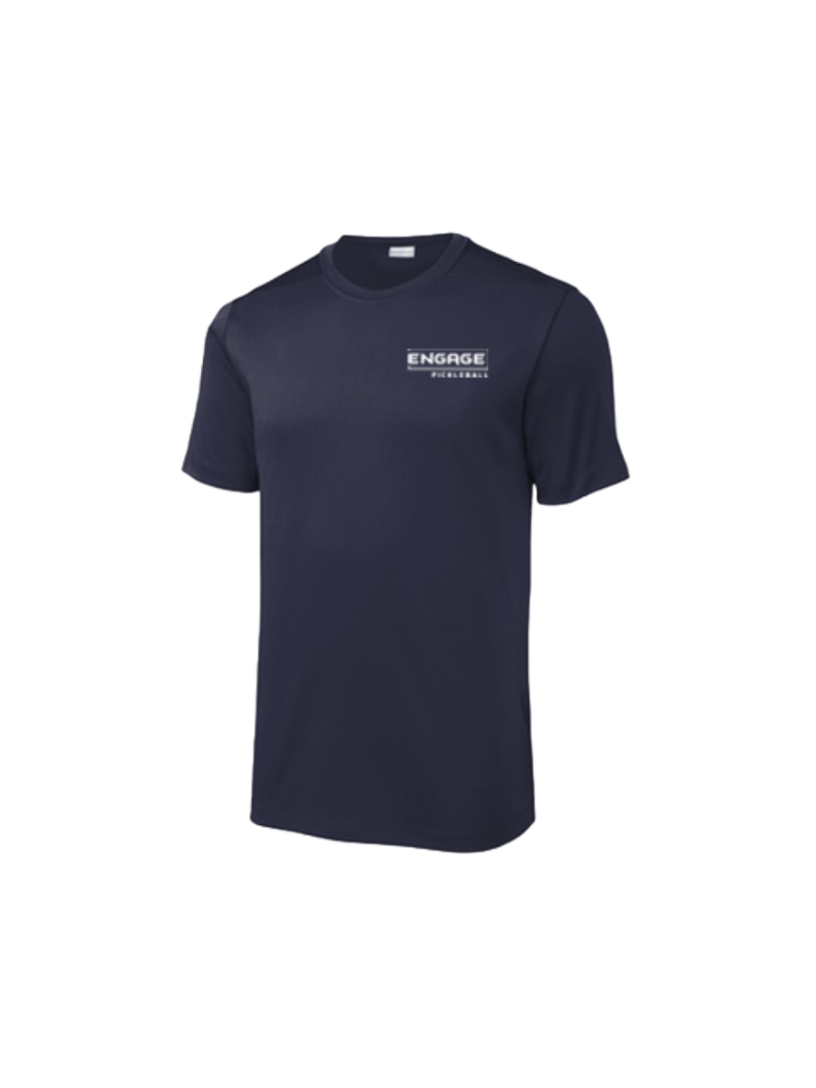Navy blue men's performance crew-neck shirt by EngagePickleball, featuring a white 'ENGAGE PICKLEBALL' logo on the left chest.