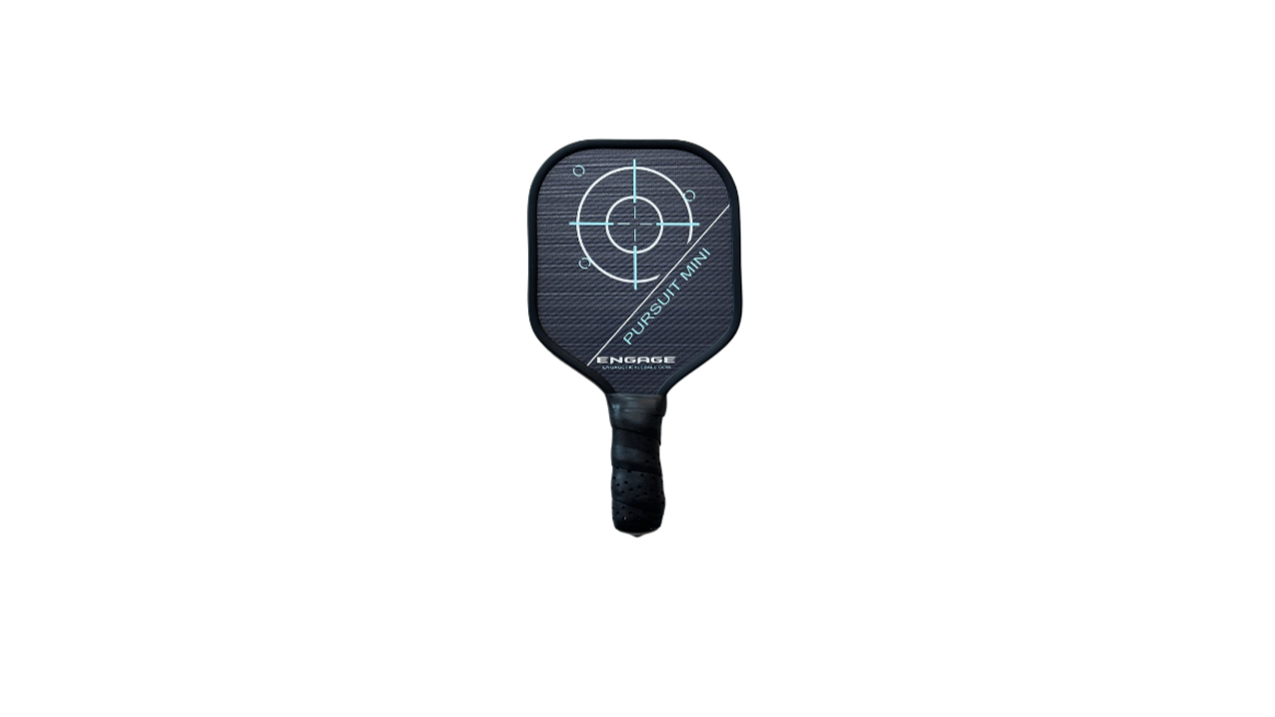 Dark grey textured Mini Pursuit paddle by EngagePickleball, with a light blue target graphic and black grip.