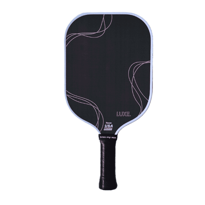 Black pickleball paddle with pink details, gray outline, and black grip.