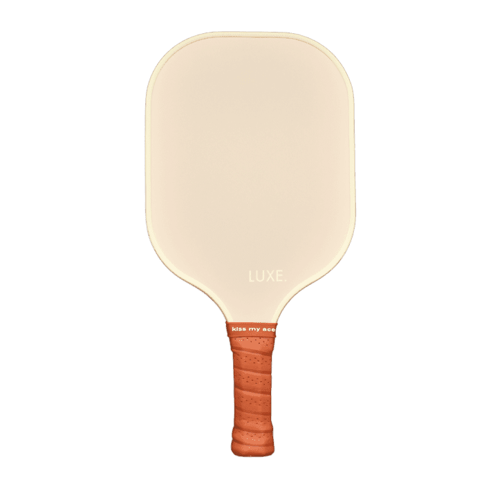 Tan and brown pickleball paddle with the text "LUXE." and "kiss my ace."