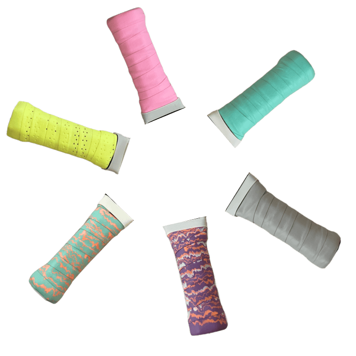 Six colorful tennis racquet grips.