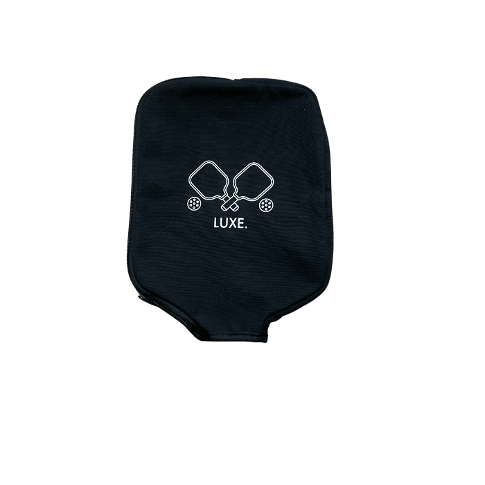 Black zippered pickleball paddle cover with white outline of paddles and the word "LUXE."