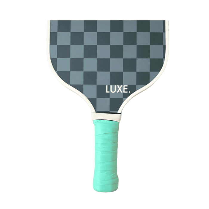 Pickleball paddle with grey checkered pattern and turquoise grip.