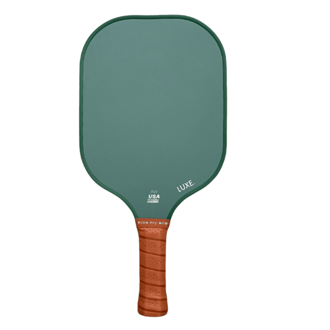 A green Ace Luxe pickleball paddle with a brown leather handle.