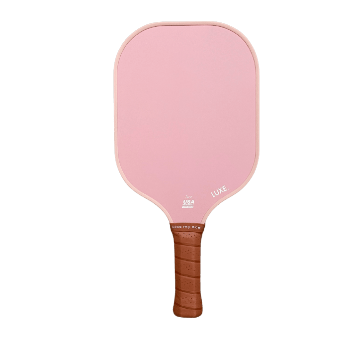 Pink pickleball paddle with brown handle.