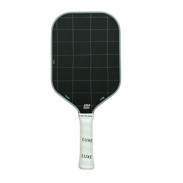 Black pickleball paddle with white grip.