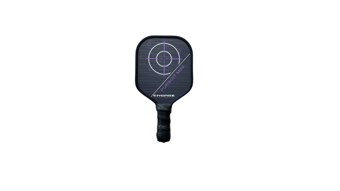 Dark gray mini pickleball paddle by EngagePickleball with a textured surface, featuring a purple and white target design and 'PURSUIT MINI' text.