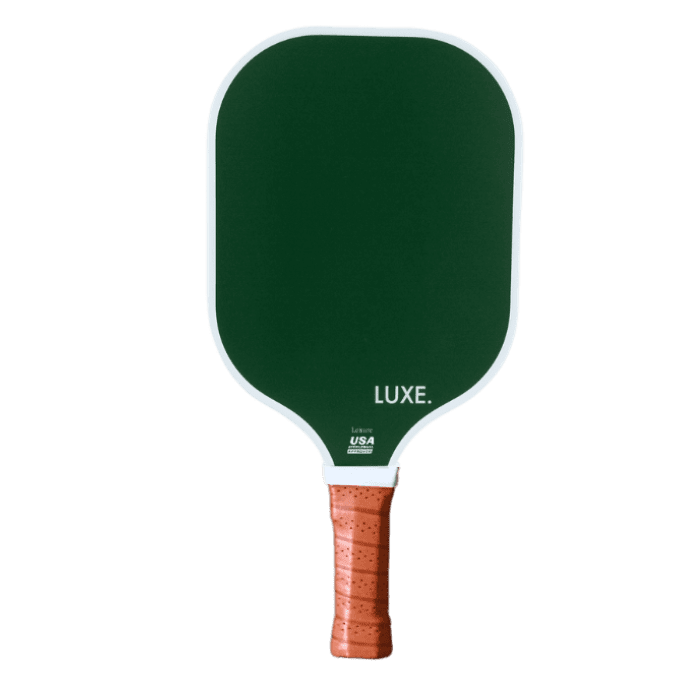 Green pickleball paddle with white trim and brown grip.