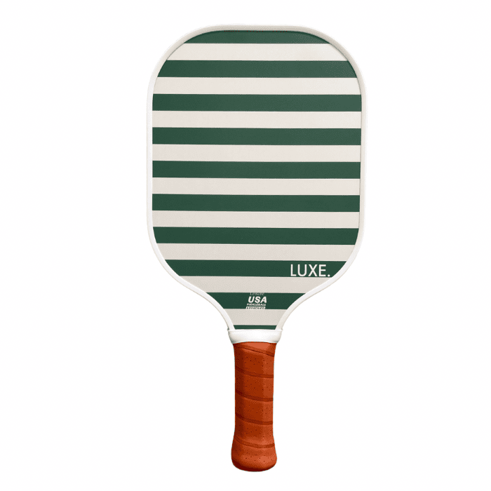 Green and off-white striped pickleball paddle by LUXE Pickleball, featuring a brown grip and white trim, with 'LUXE.' text.