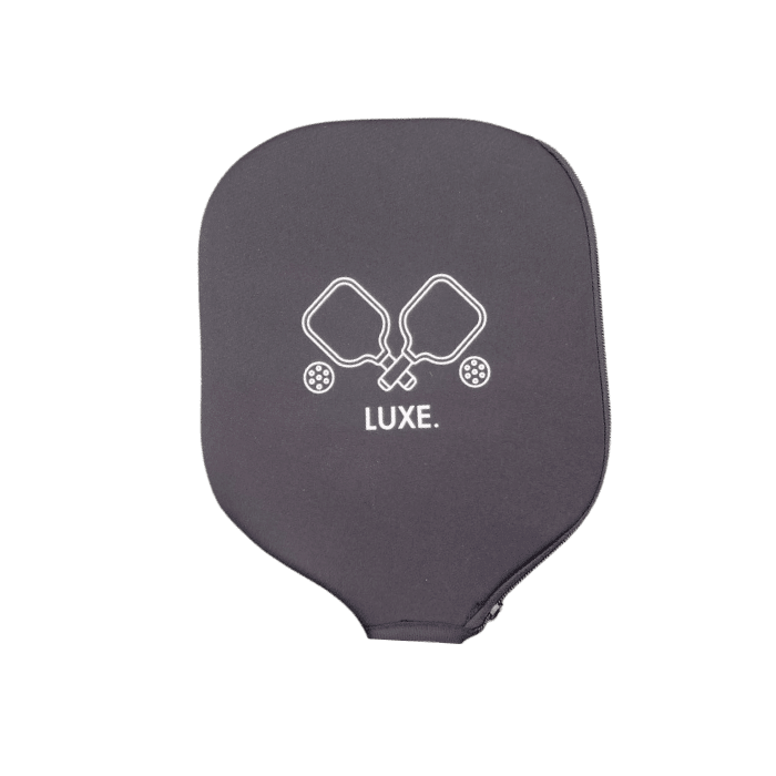 Black pickleball paddle cover with the brand "LUXE." printed on the front.