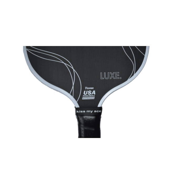Finesse black pickleball paddle by LUXE Pickleball with white trim, wavy lines, and a black grip featuring 'kiss my ace'.