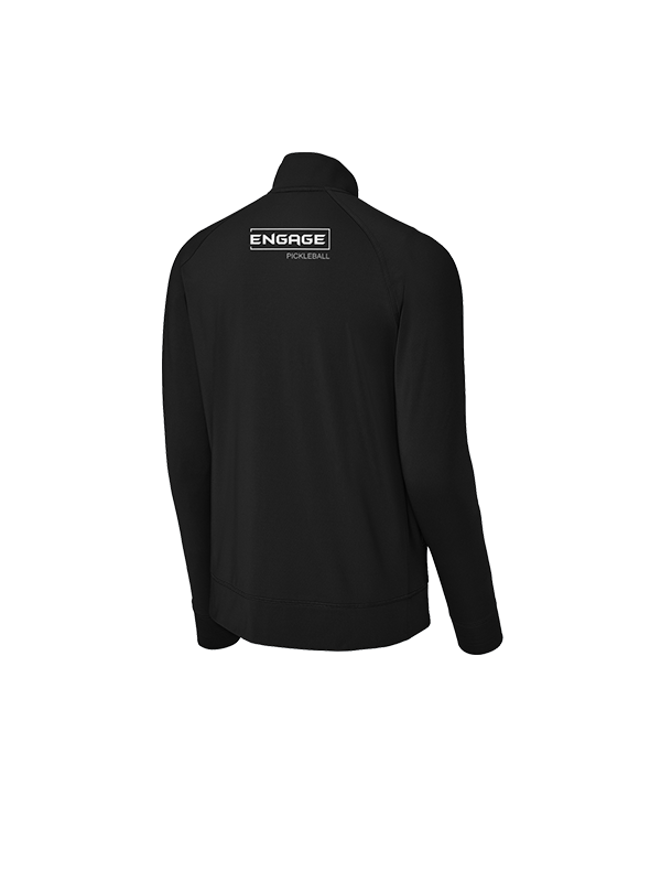 Black men's warmup jacket by EngagePickleball, shown from the back with a white Engage Pickleball logo.