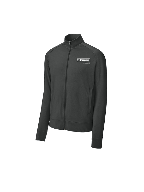 Men's dark gray warmup jacket by EngagePickleball, with full-zip, stand-up collar, front pockets, and 'ENGAGE PICKLEBALL' logo.