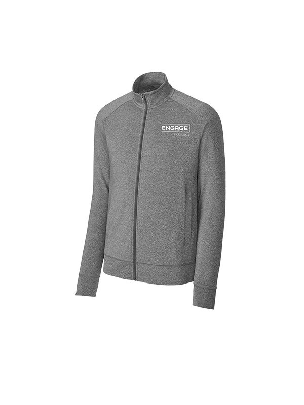 Men's heather grey full-zip warmup jacket by EngagePickleball with a stand-up collar and chest logo.