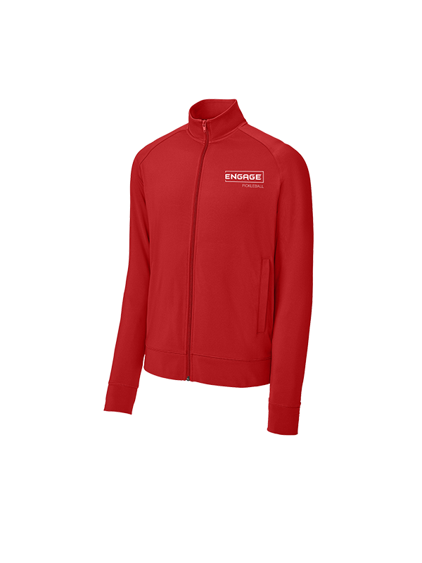 Red men's full-zip warmup jacket by EngagePickleball with a stand collar and white 'Engage Pickleball' logo on the left chest.