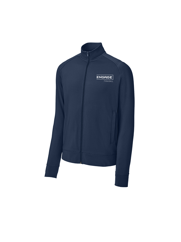 Dark blue full-zip warmup jacket by EngagePickleball, with a standing collar, side pockets, and a white chest logo.