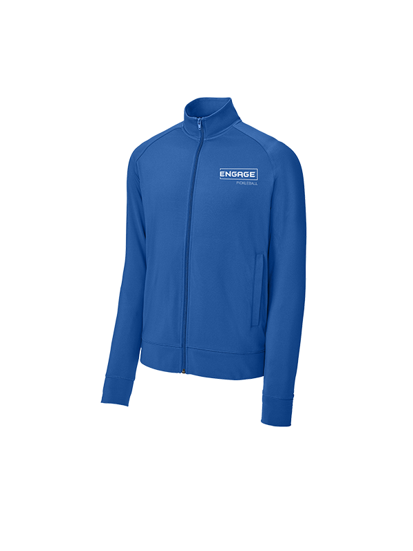 Blue men's full-zip warmup jacket by EngagePickleball with a stand-up collar, side pockets, and chest logo.