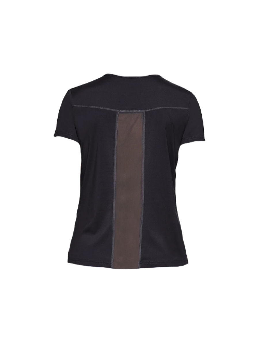Dark grey women's t-shirt from EngagePickleball, featuring a central vertical brown panel and visible stitching on the back.