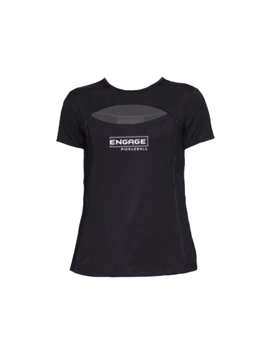 Black women's short-sleeve crew neck top with a crescent cutout by EngagePickleball, displaying the brand's logo on the front.