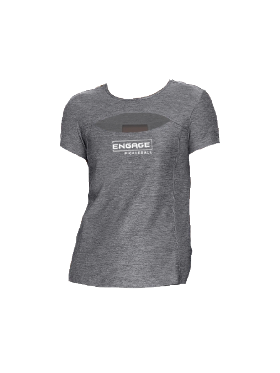 Grey heathered women's crewneck t-shirt by EngagePickleball, featuring a crescent cutout design above a white logo.