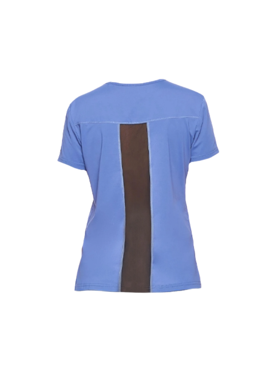 Women's blue Airstretch Crescent crew top by EngagePickleball, featuring a dark brown vertical mesh panel on the back.