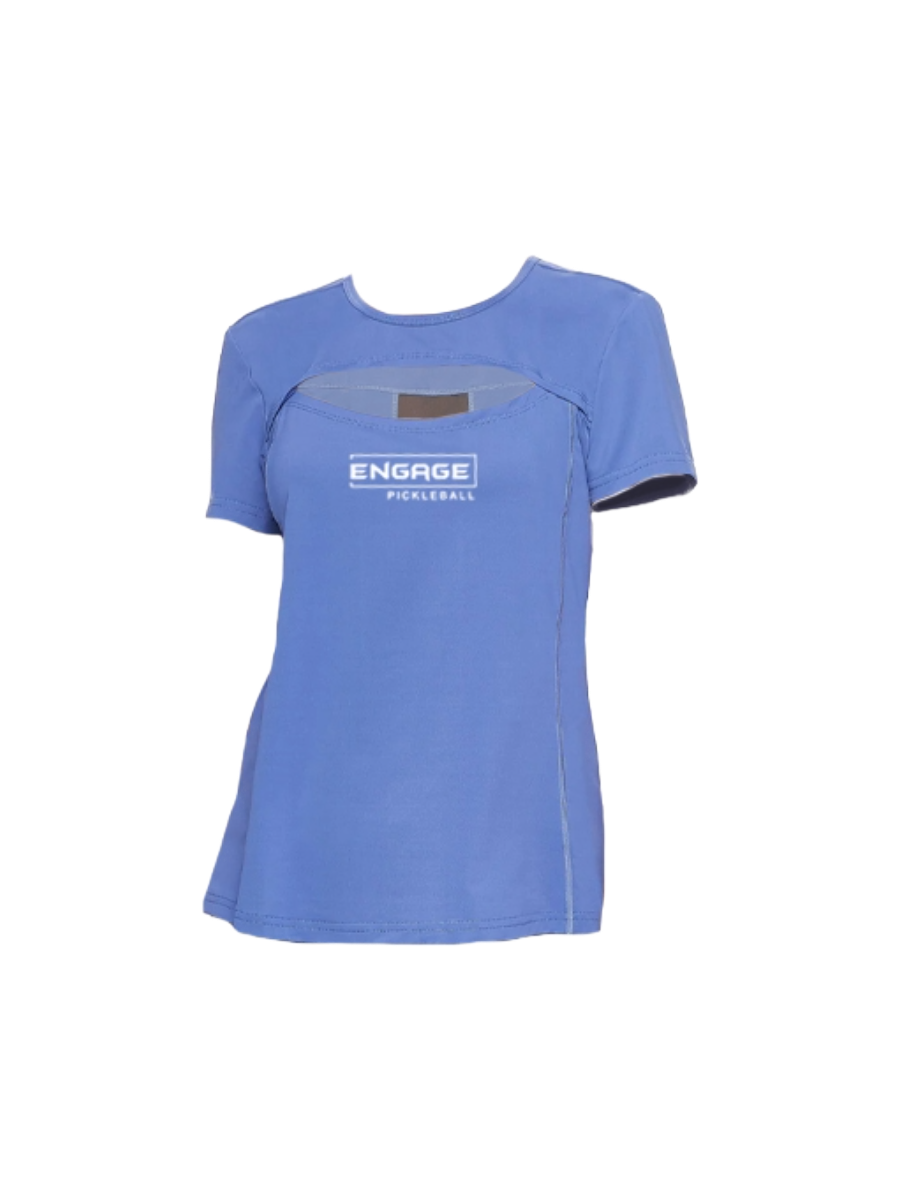 Blue women's short-sleeve crew neck shirt with a crescent cut-out by EngagePickleball, featuring the 'ENGAGE PICKLEBALL' logo on the chest.