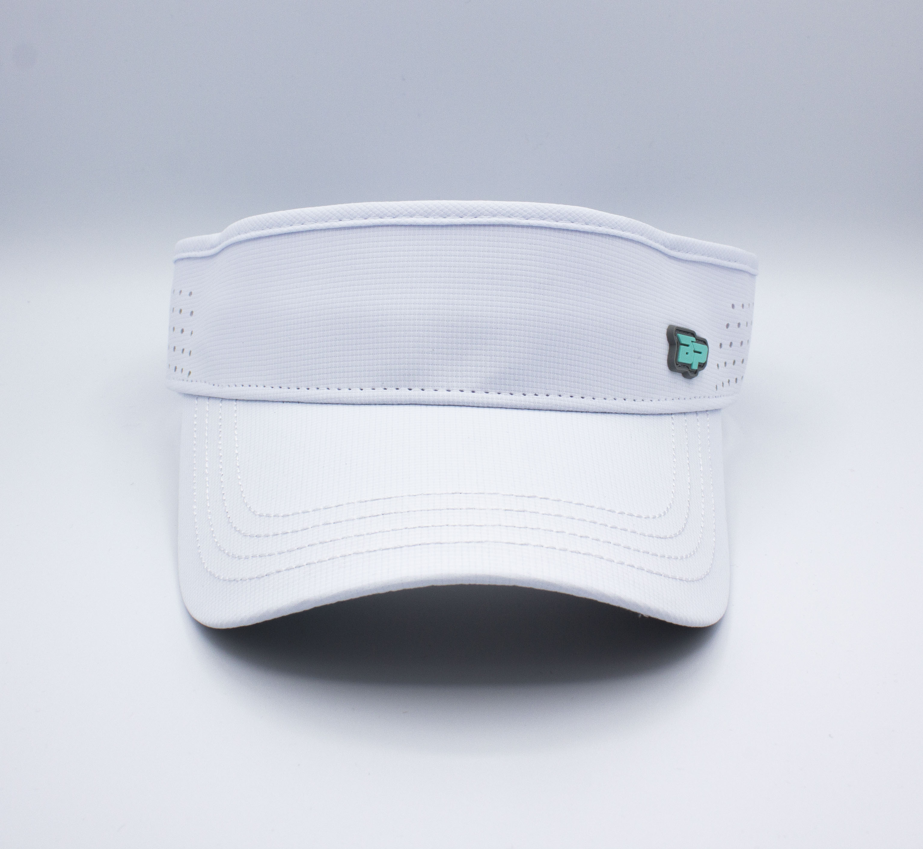 White visor with a turquoise logo.