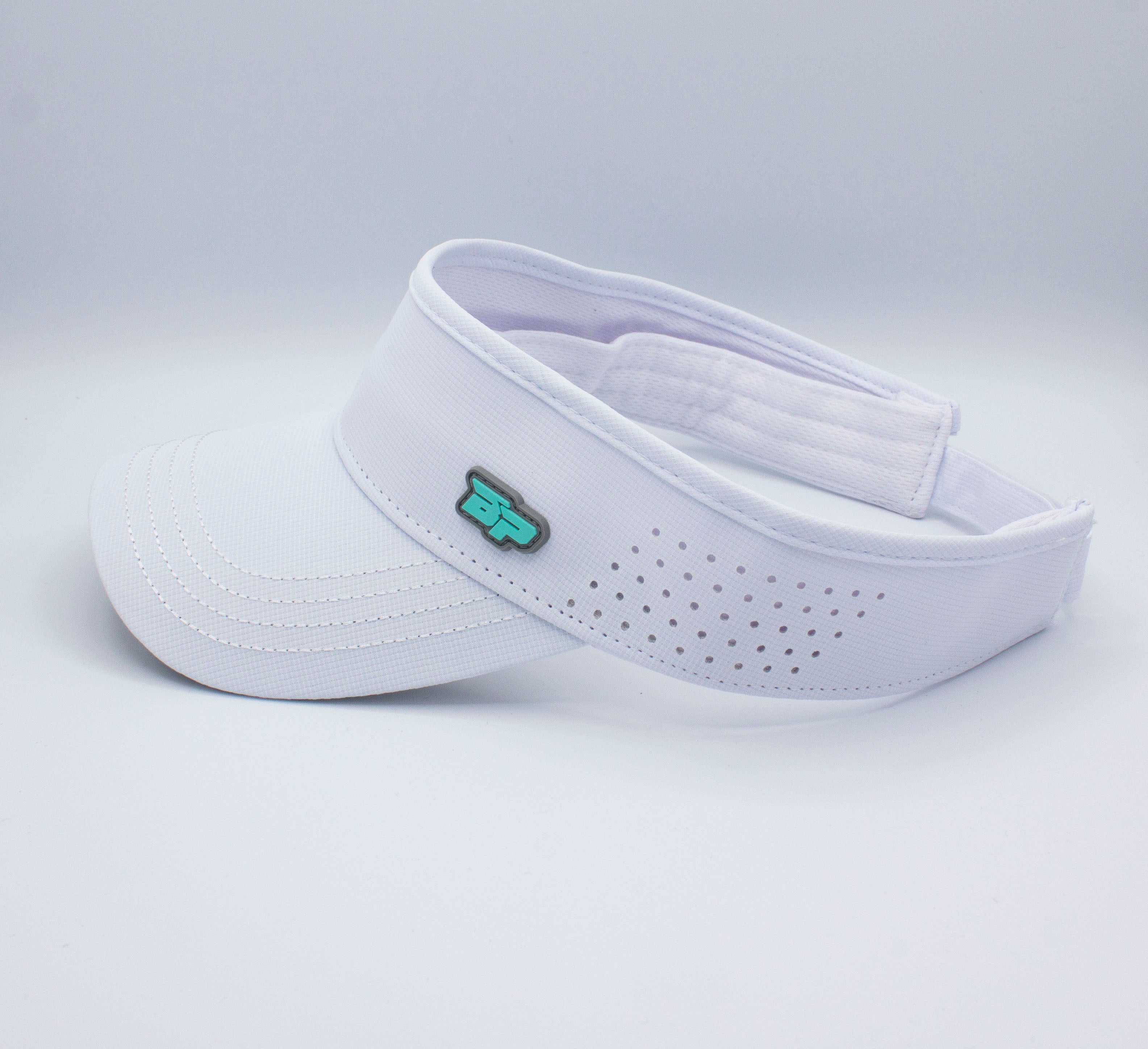 White visor with teal logo.