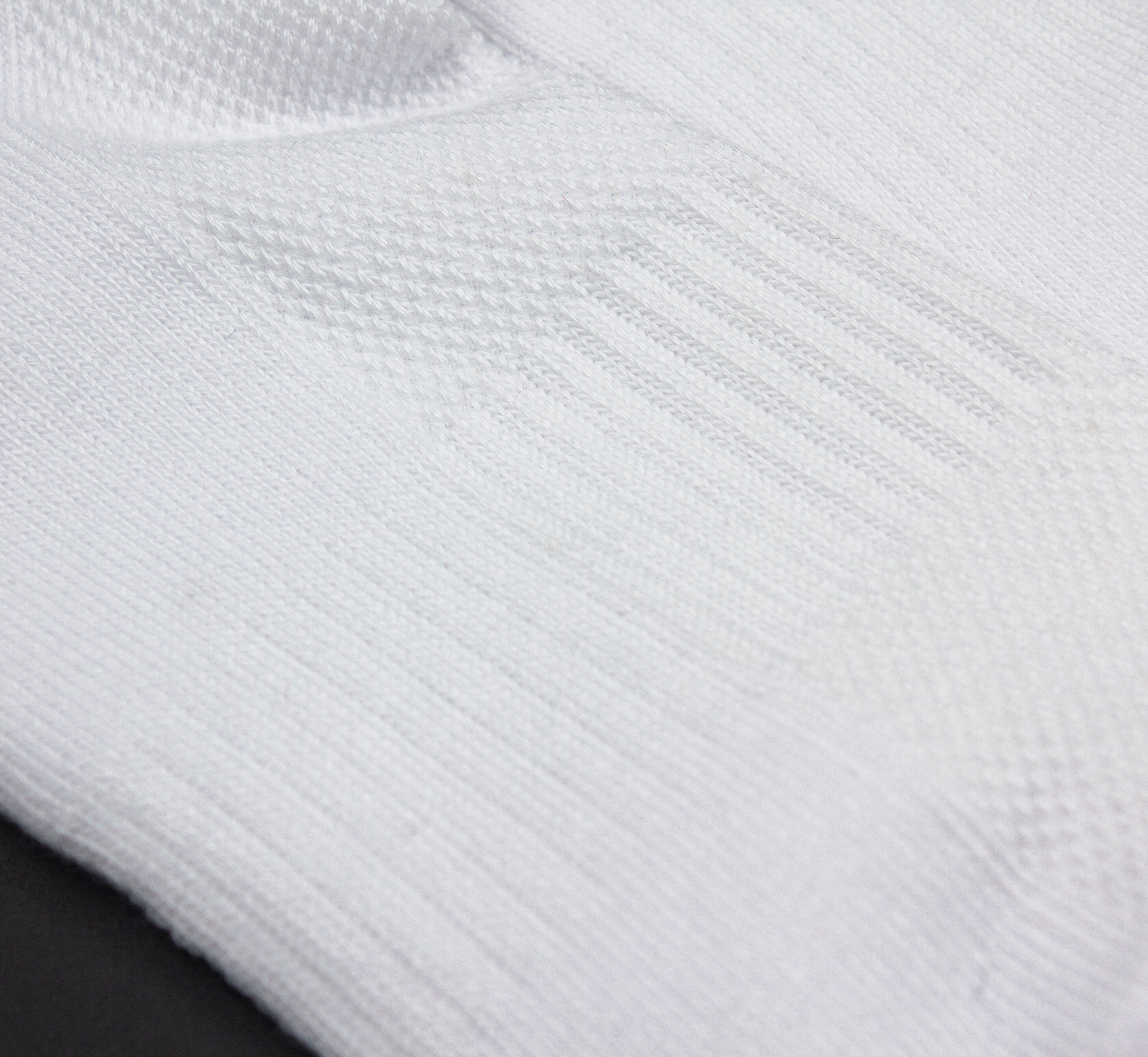 White Performance Socks by Bodhi Performance, featuring varied ribbed and waffle-knit patterns.