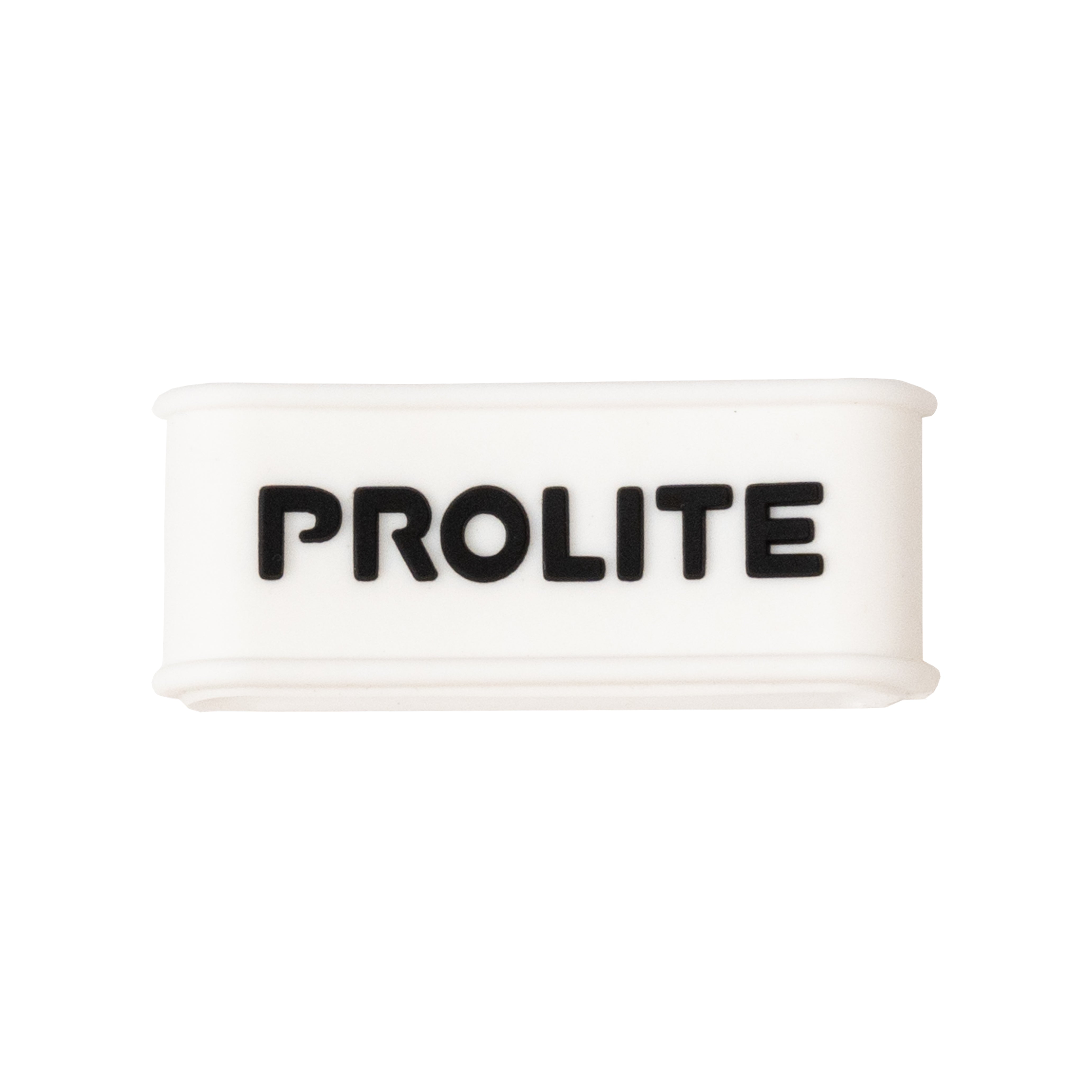 White rubber tag with the word "PROLITE" in black letters.