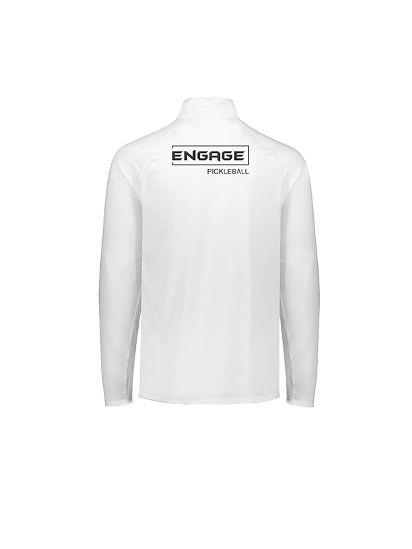 White men's 1/2 zip pullover by EngagePickleball, featuring a black "ENGAGE PICKLEBALL" logo on the upper back.