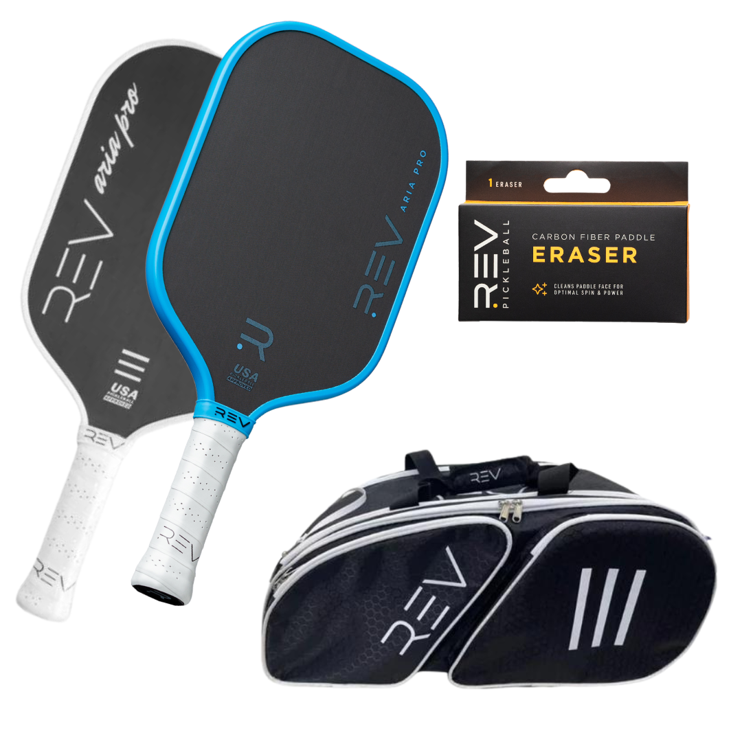 Professional pickleball paddle bundle with black and blue Aria Pro paddles by REV, matching navy gear bag, and carbon fiber paddle eraser, side view.