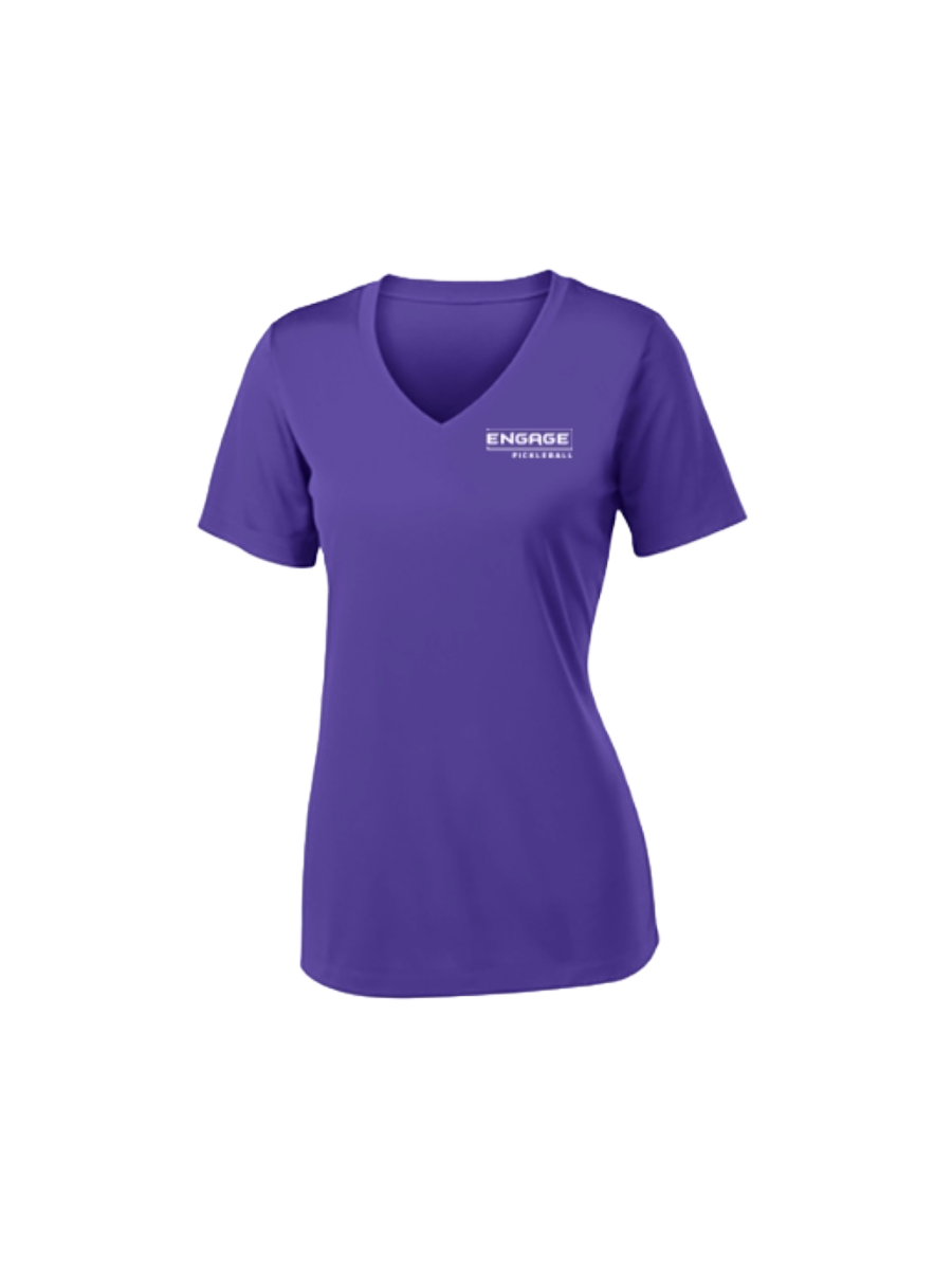 Purple women's V-neck sport shirt by EngagePickleball with a small white logo on the left chest.