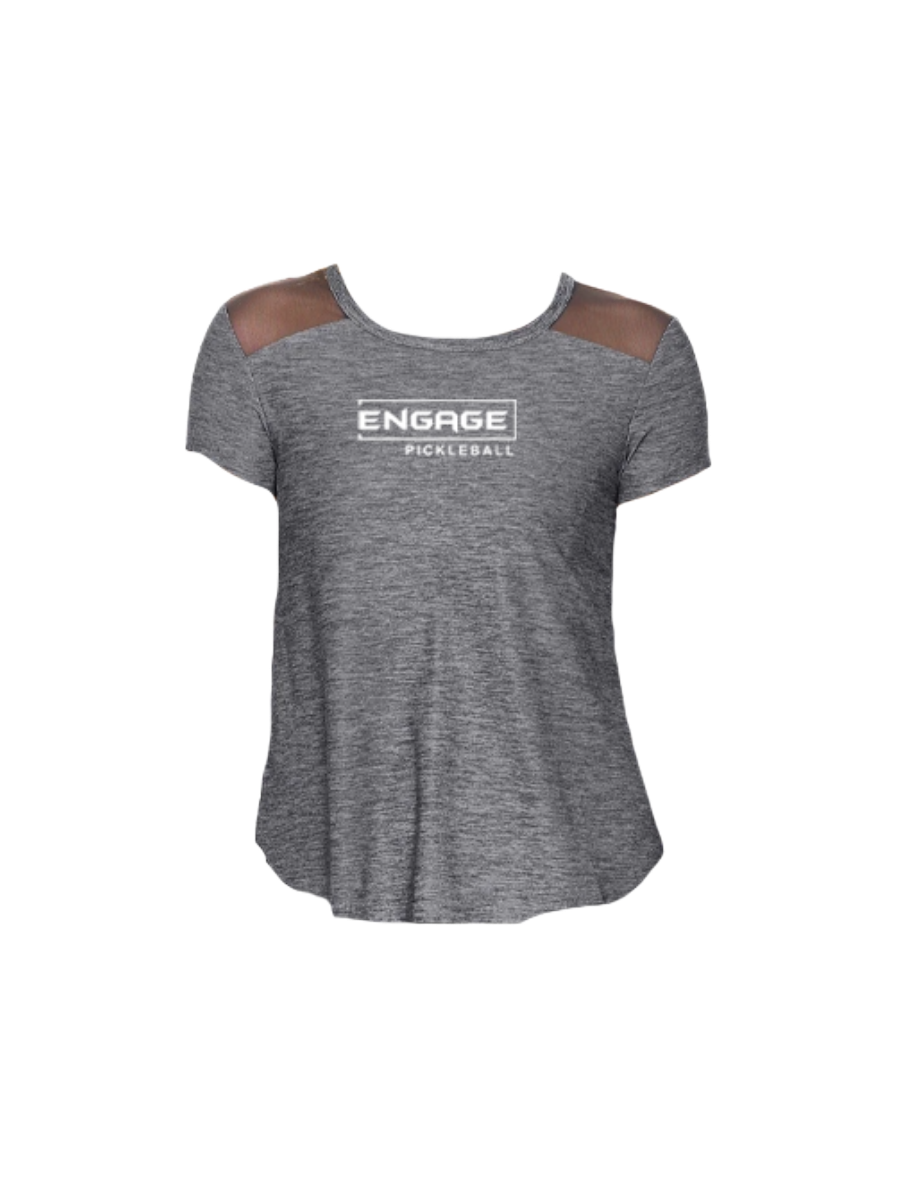 Women's gray heathered short-sleeve crew by EngagePickleball with sheer mesh shoulder panels and a chest logo.