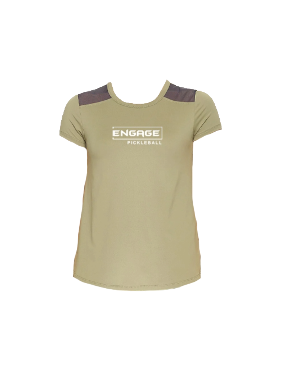 Olive green women's crew neck shirt by EngagePickleball, with dark mesh shoulder panels and white chest logo.