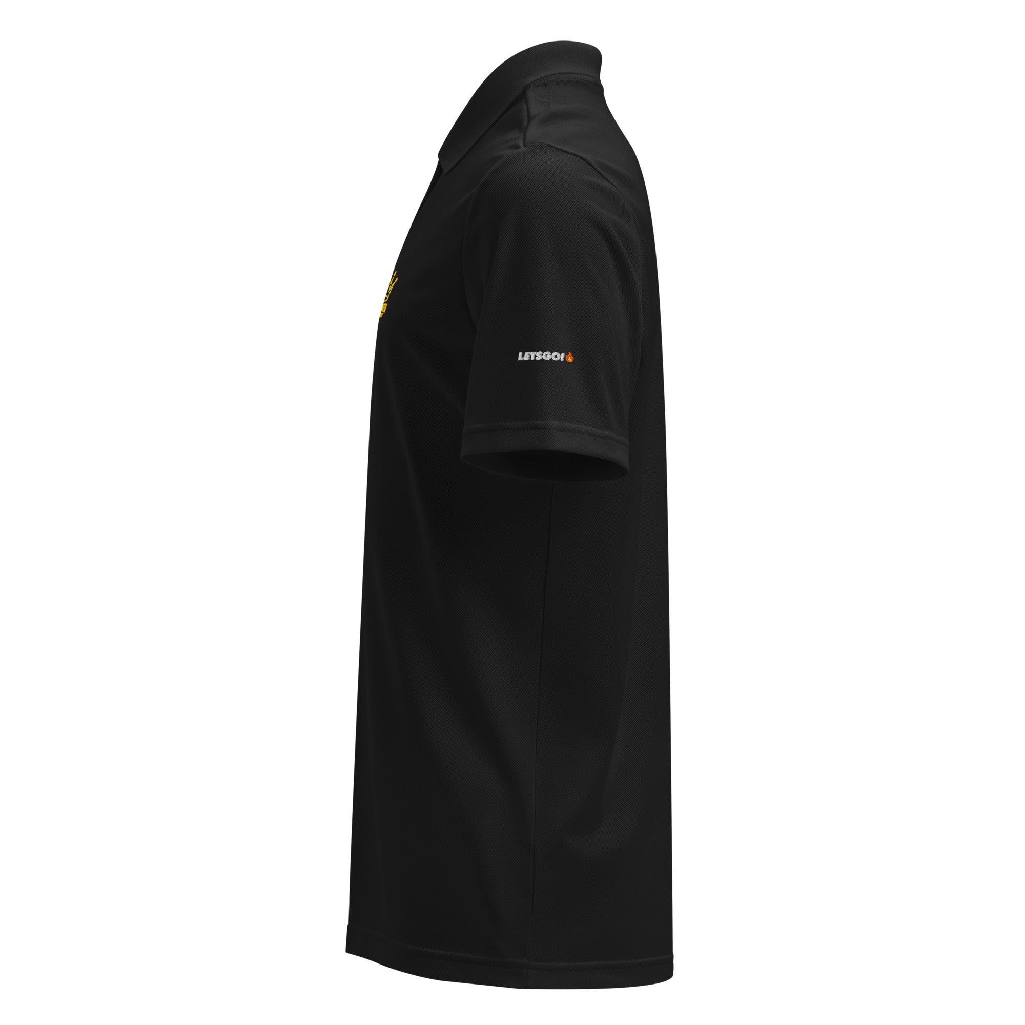 Black polo shirt, side view.