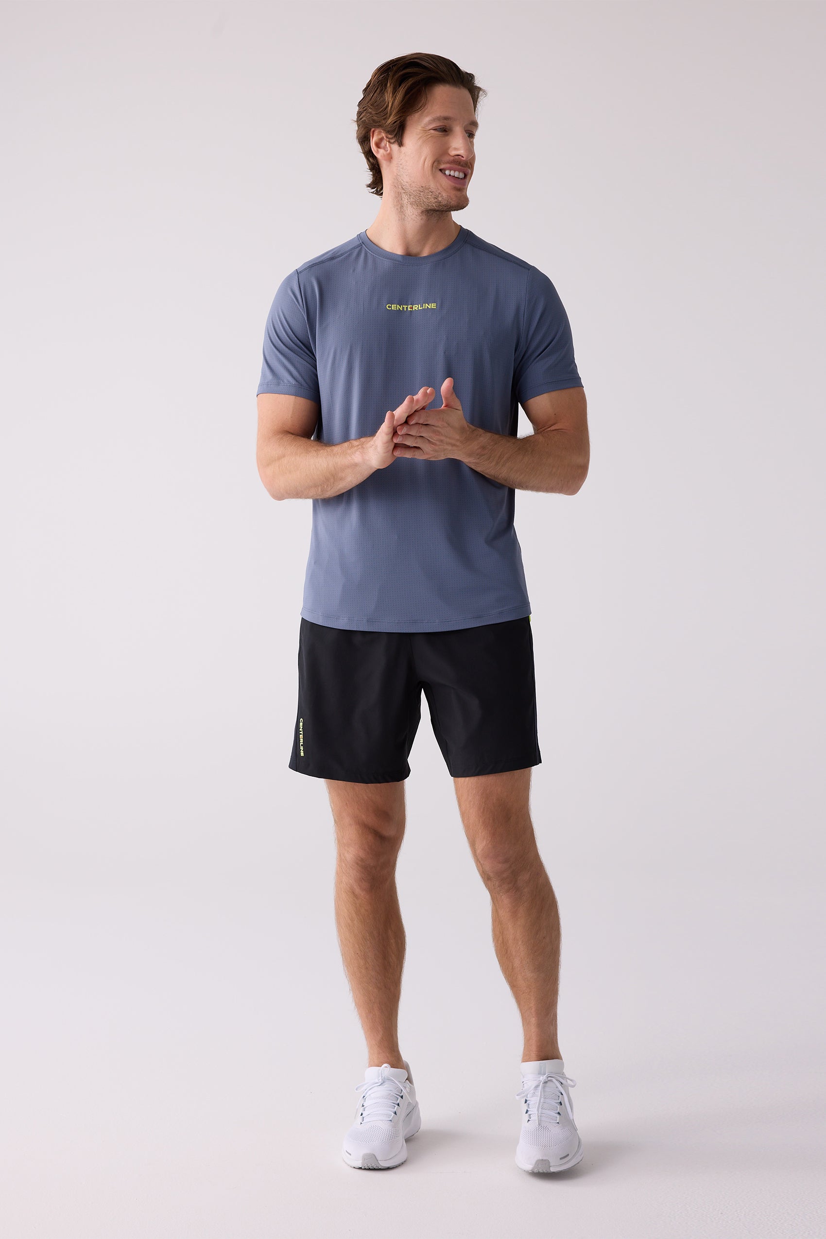 Blue short-sleeve t-shirt by Centerline Athletics with a textured finish and 'CENTERLINE' text on the chest.